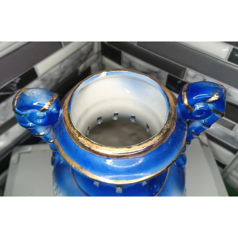 Vintage Cobalt Blue Cherub Angel Porcelain Urn Vase Gold Trim Handles Ceramic